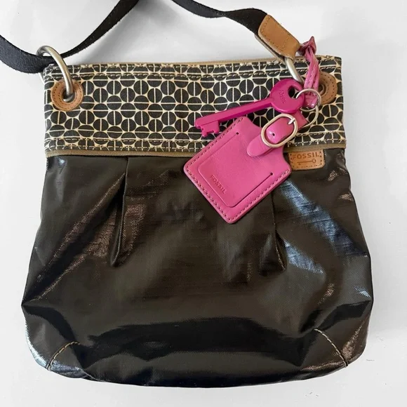 Fossil Key Per Crossbody Bag Coated Canvas Black  VTG Y2K Boho - Picture 2 of 7